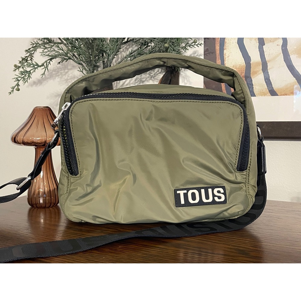 TOUS Olive Green Nylon Crossbody Bag with Logo Strap Street Style